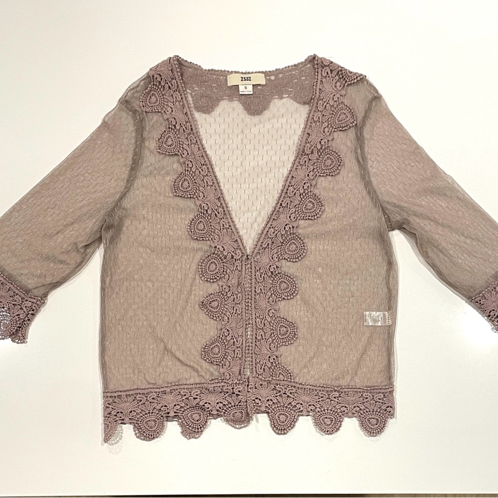 ISSI Delicate Lace Sheer Cardigan in Soft Brown • Small